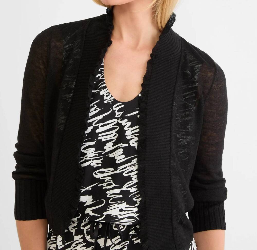 NEW NIC + ZOE women's ruffle feather knit cardigan in black onyx